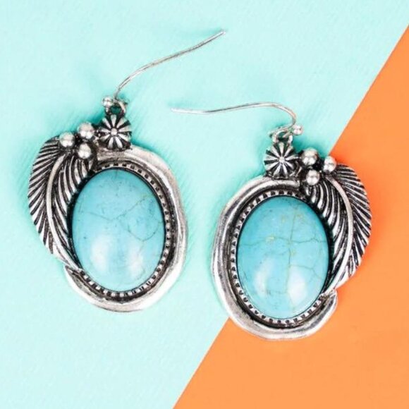 ICON Feather Framed Faux Turquoise Earrings NWT - Picture 1 of 4
